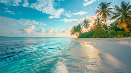 Paradise beach of a tropical island, palm trees, white sand, azure water - obrazy, fototapety, plakaty