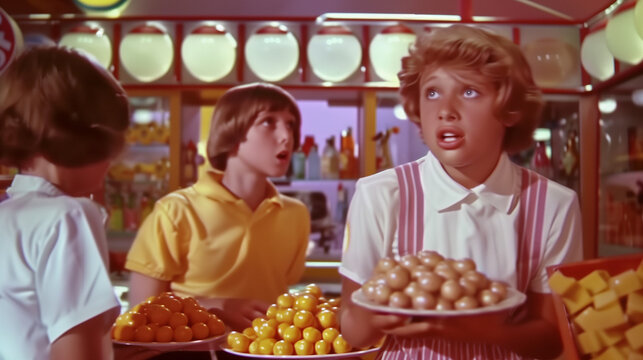 A 1970s movie scene captures three teenagers at an ice cream parlor with candy and pastries, one holding gold coins with a surprised expression.