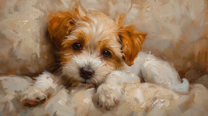 Charming oil painting of a playful puppy with a cozy indoor vibe