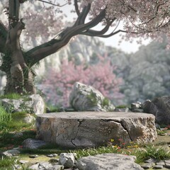 Fototapeta premium Empty stone podium and spring scene in the background Generative Ai 