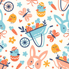 Cute Easter seamless pattern, bunnies, Easter eggs, flowers and chickens. Wrapping paper, background or textile products