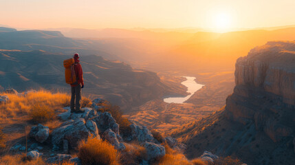 Solitary hiker overlooking a scenic sunset landscape with a winding river
