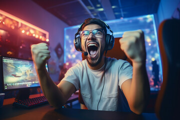 Professional esports player taking part in team competition gamer space neon light Generative AI picture