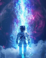 Create a futuristic scene where an astronaut encounters a refreshing burst of neon light --ar 4:5 - obrazy, fototapety, plakaty