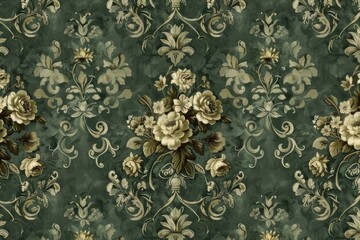 flowers on green, classic wallpaper seamless vintage floral pattern