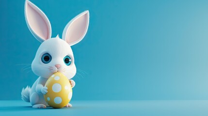 Fototapeta na wymiar Cute Easter bunny with an Easter egg on a blue wall background, wall breakout, banner or background 9