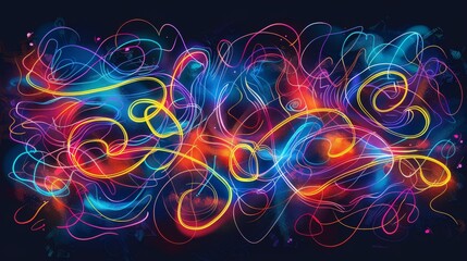 Abstract neon scribble art with vibrant colors on a dark retro background