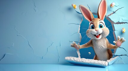 Cute Easter bunny with an Easter egg on a blue wall background, wall breakout, banner or background  6