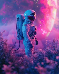 Imagine an astronaut exploring a colorful and dynamic neon landscape --ar 4:5