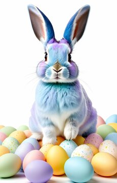 Easter bunny with colorful eggs isolated on white background.