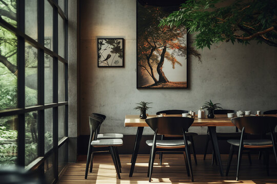 Generative AI image of bright daylight interior of a contemporary restaurant