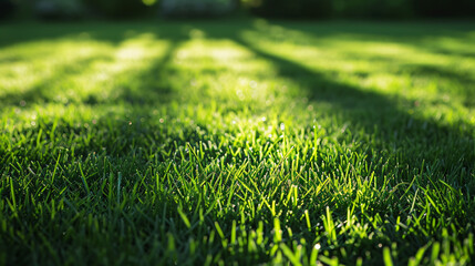 Close up morning light fresh green grass with water drops copy space background.
