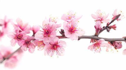 Vibrant pink cherry blossoms on a tree branch against a white background