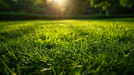 Naklejka premium Close up morning light fresh green grass with water drops copy space background.