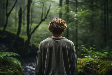 Naklejka premium Generated with AI technology image of a young nice man traveler walking in green forest