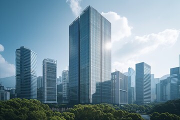 Obraz premium A modern office tower seamlessly integrated into the city skyline