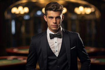 Fototapeta premium Luxurious restaurant casino las vegas vip night Generative AI poker slots cards roulette players gamers.
