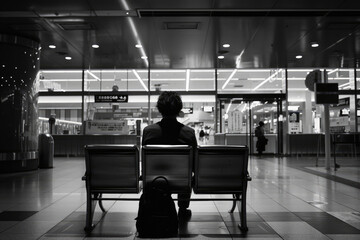 A man sits on a bench in a train station - obrazy, fototapety, plakaty