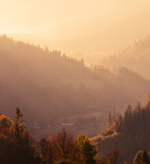 autumn foggy landscape,  morning view on mountains, splendid  nature image, Europe travel, Carpathians, Ukraine
