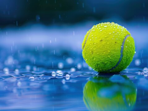 Rainy Day Tennis Ball, A close-up image of a tennis ball covered in raindrops, reflecting on a water-soaked surface, encapsulating the halted play on a rainy day.
