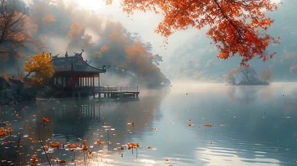 Foto op Canvas Traditional japanese house on lake autumn season AI Image Generative © Anditya