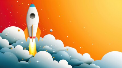 Vibrant Ascent to Space, A playful illustration captures the spirited ascent of a retro-futuristic rocket piercing through the cloud-covered atmosphere into the bright, star-speckled orange sky.