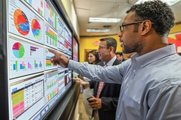 Team of experts in a financial center points at diverse charts on digital displays, analyzing data trends in a collaborative effort. Financial professionals actively engage with interactive screens,