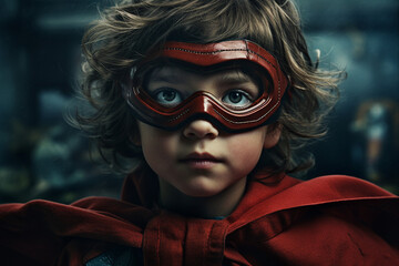 Generative AI image of confident child super boy wearing superhero red cape