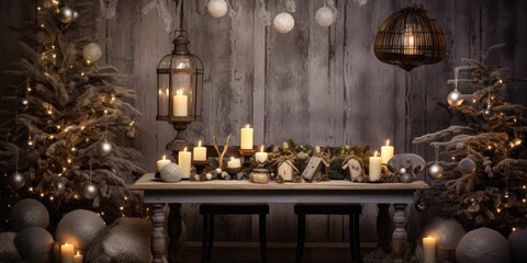 Cozy Christmas table with candles, grey tones