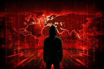 Fototapeta na wymiar Global cybersecurity threats_and hacktivism. A figure in a hoodie gazes at a world map on the wall, surrounded by a dark, magentatinged room. An intriguing event in an artistic environment