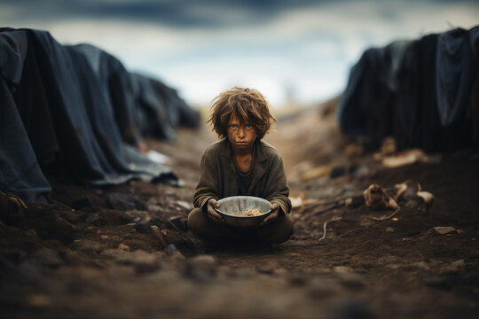 Global efforts to reduce poverty and hunger. A child in dirty clothes is sitting on the ground holding a bowl of food while surrounded by a natural landscape with clouds in the sky and soil 