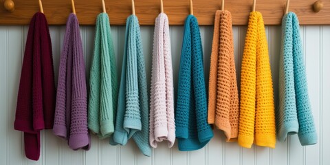Variety of tidy kitchen towels on rack