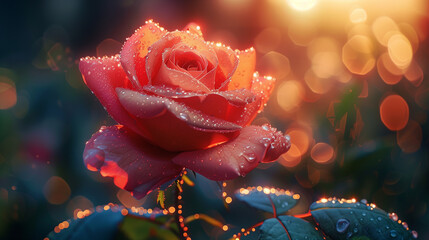 With dew drops clinging delicately, a red rose is captured up close against a backdrop of soft, twinkling lights. For desktop wallpaper. - obrazy, fototapety, plakaty