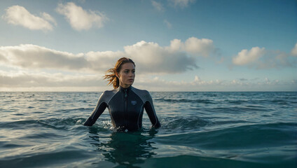 fit beautiful woman wearing a wetsuit going for a swim in the ocean