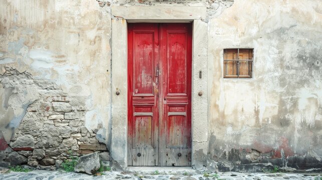  a vintage photograph of a bright red wooden door in a very old building in a street in rural 