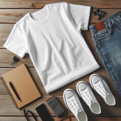 Top view white t-shirt mockup concept on wooden texture background