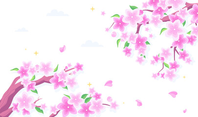 Cherry blossom pink background. Pink cherry blossom frame on a white background with copy space. Banner with sakura branches and clouds. Vector illustration in flat style