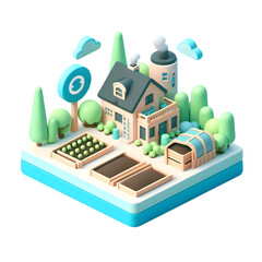 A 3d flat icon of zero carbon concept.A community garden with raised beds and compost bins, promoting local food production., isolated white background,cartoon cute style, pastel tone