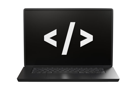 3D Computer laptop pc and programing code development popup icon. Web coding concept. Website programming engineering language. Cartoon creative design icon isolated on white background. 3D Rendering.