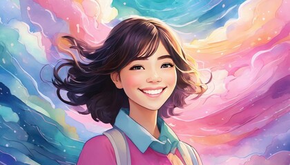 Young attractive smiling brunette young school girl anime pastel colors and pink smoke