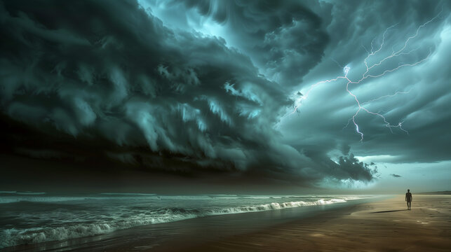 A lone figure stands on a beach as a massive storm approaches