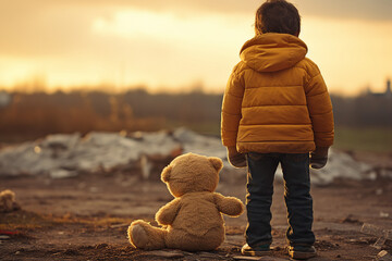 Back view photo of small kid refugee with teddy bear looking on ruined city generative ai