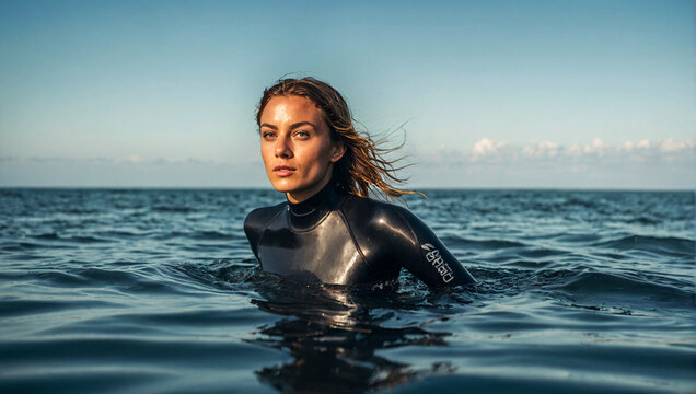 fit beautiful woman wearing a wetsuit going for a swim in the ocean