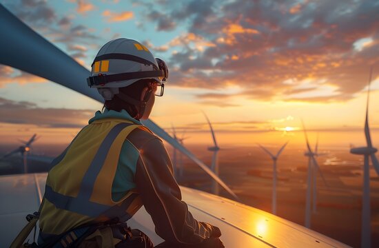 A woman engineer  on top of a wind turbine, with safety equipment, wearing a helmet  and yellow vest, is looking at other turbines around her at sunset. Renewable and Sustainable energy concept