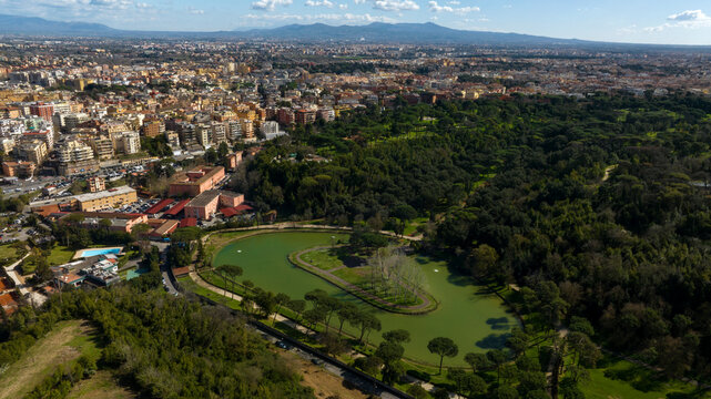 Aerial view of Villa Ada, a large public park in Rome, Italy. This large green area with a small lake is located in the northern area of the city, between the Parioli, Pinciano and Salario district.