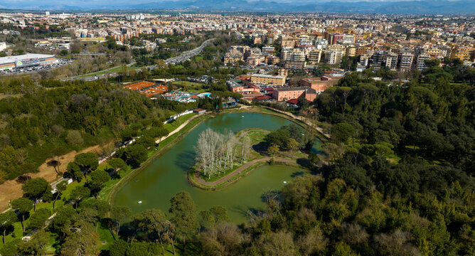 Aerial view of Villa Ada, a large public park in Rome, Italy. This large green area with a small lake is located in the northern area of the city, between the Parioli, Pinciano and Salario district.