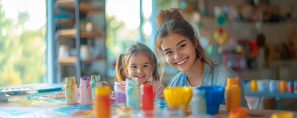 Cheerful young babysitter teaching kids to paint, colorful art supplies, happy faces, creative and nurturing atmosphere 