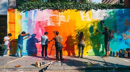 Street artist painting a vivid mural, shadows cast by onlookers, highlighting the interplay of art and social observation 