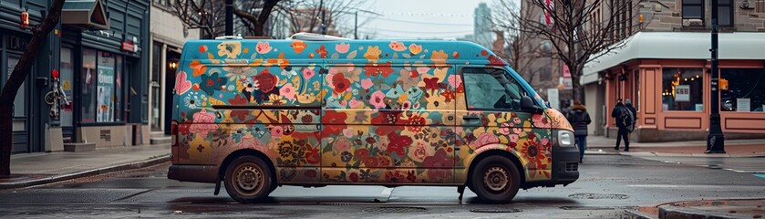 Artistically converted van, parked on a city street in spring, graffiti art on its sides, showcasing urban vogue and the rejuvenation of spring  - obrazy, fototapety, plakaty