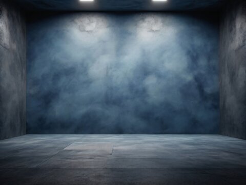 Empty dark blue abstract cement wall and studio room with smoke float up the interior texture for display products wall background.